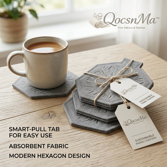 QocsnMa™ Absorbent Fabric Coasters for Drinks - 4-Pack Modern Hexagon Drink Coasters with Smart-Pull Tab, Eco-Friendly Cup Mats for Coffee Table, Wooden Tabletop Protection, Housewarming Gift
