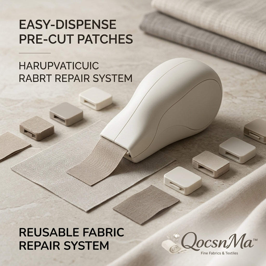QocsnMa™ Premium Fabric Repair Kit - Easy-Dispense No-Sew Patch Applicator for Sofas, Upholstery, and Linens | Reusable Fabric Repair System with Pre-Cut Adhesive Patches & Tension Clips